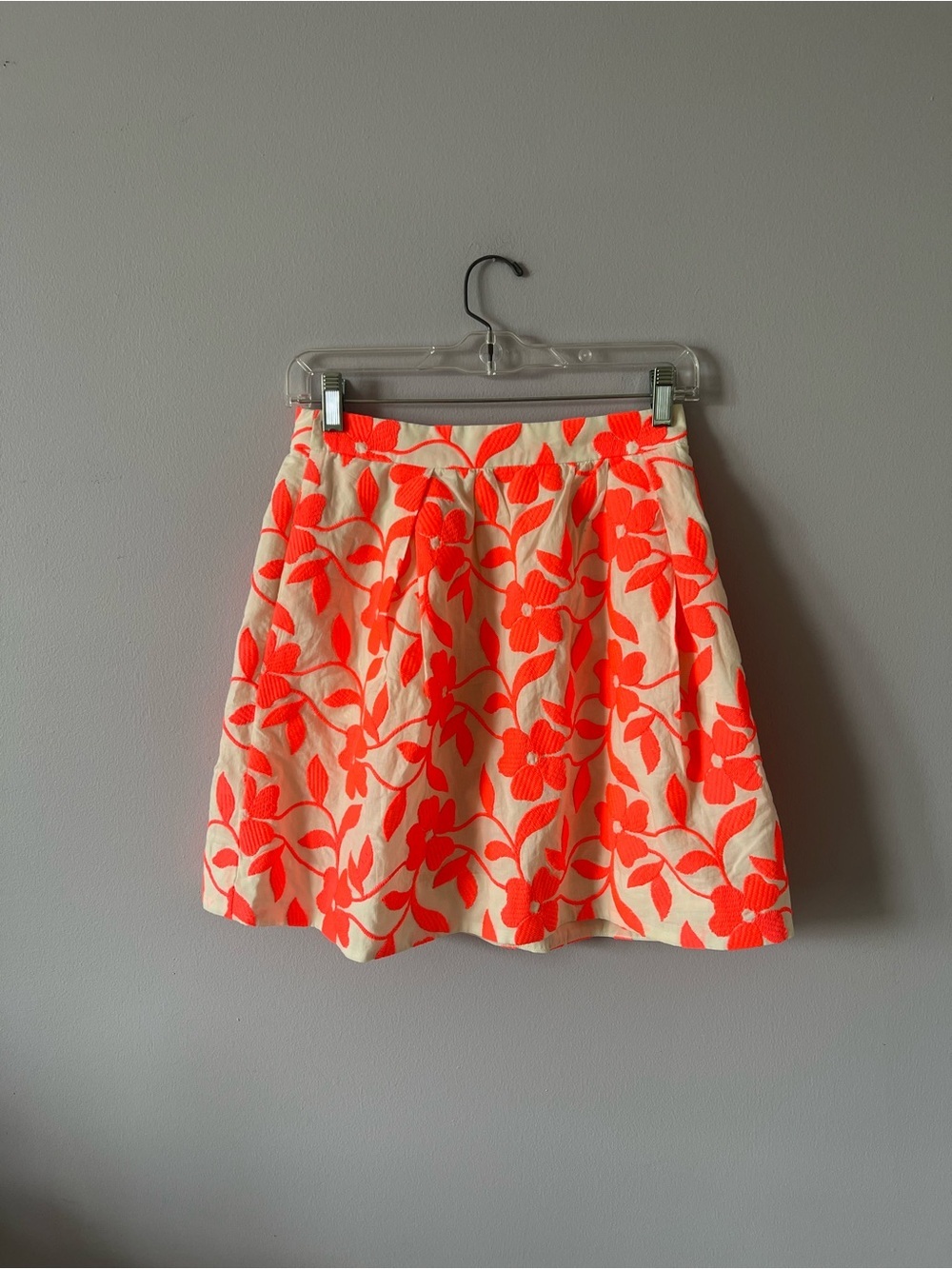 J. Crew Neon Coral Floral A-Line Skirt on Cream